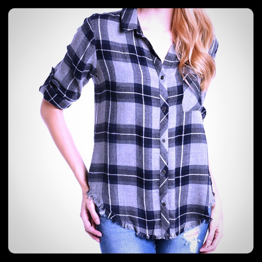 Bella Dahl plaid frayed hem XL long sleeve